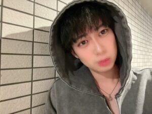 Close-up of a person with dark hair wearing a gray hooded sweatshirt, hood up, against a tiled wall background, with a necklace visible at the neck.