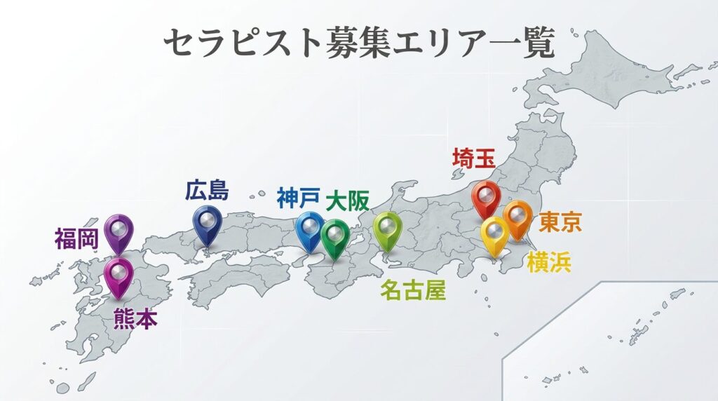 女性用風俗求人CANDYグループ - 女性用風俗・女性向け風俗店『CANDY OSAKA』 Map of Japan showing therapist recruitment areas with color-coded pins at Fukuoka, Kumamoto, Hiroshima, Kobe, Osaka, Nagoya, Saitama, Tokyo, and Yokohama.